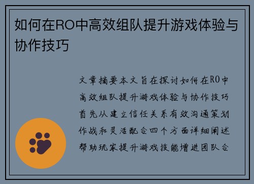 如何在RO中高效组队提升游戏体验与协作技巧
